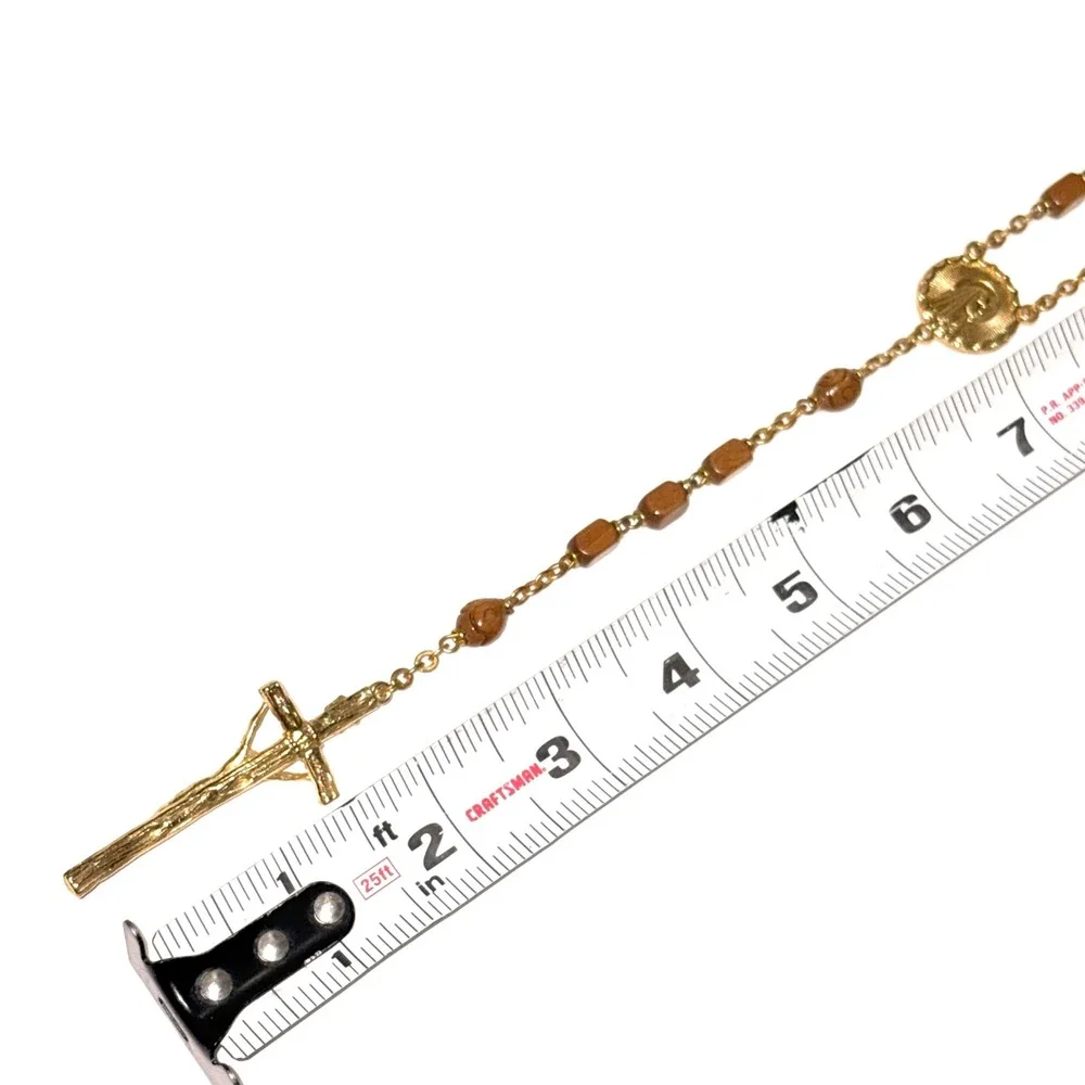 Vintage Wood Bead Rosary Gold Tone Lourdes Medal Crucifix Religious Necklace 24